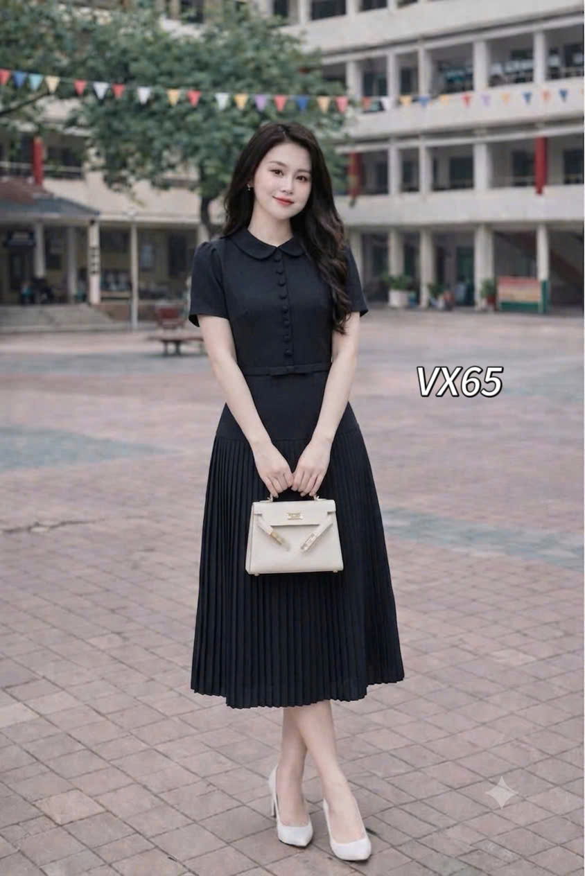 VX65 Váy liền dập ly cổ sen