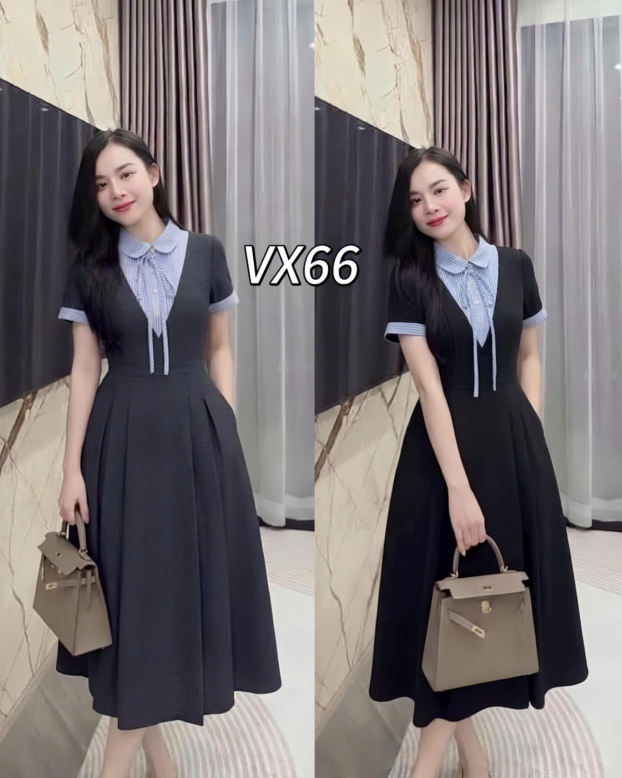 VX66 Váy xòe ly cổ viền kẻ