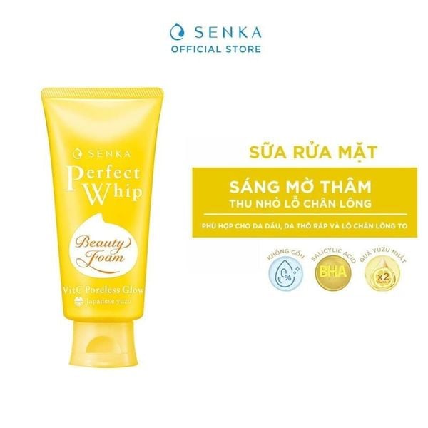 Sữa Rửa Mặt Senka Perfect Whip Vit C Poreless Glow Dưỡng Sáng Mờ Thâm 100g