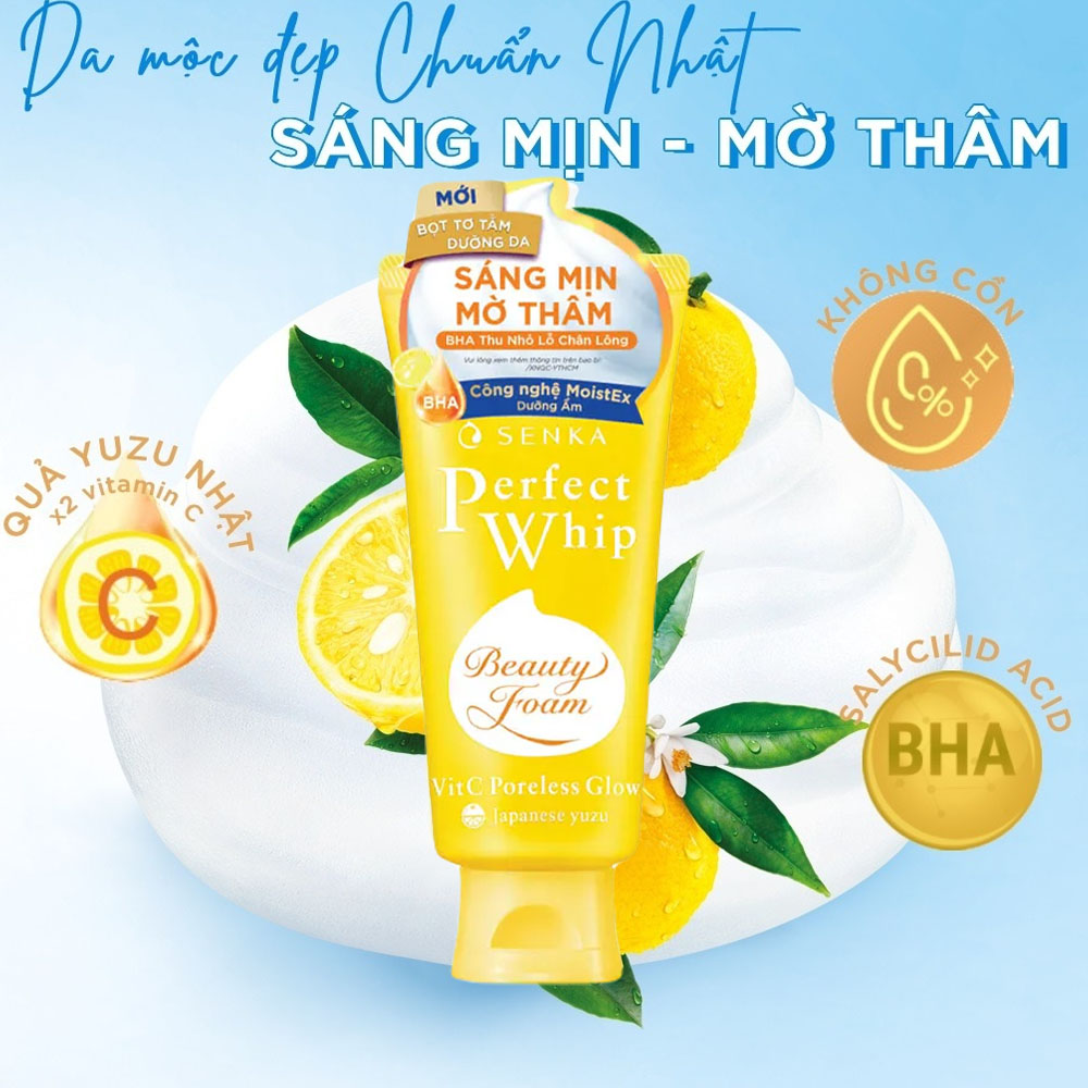 Sữa Rửa Mặt Senka Perfect Whip Vit C Poreless Glow Dưỡng Sáng Mờ Thâm 100g