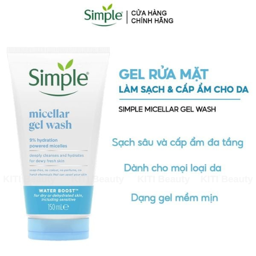 Sữa Rửa Mặt Simple Dưỡng Ẩm Cho Da Dạng Gel 150ml Water Boost Micellar Gel Wash