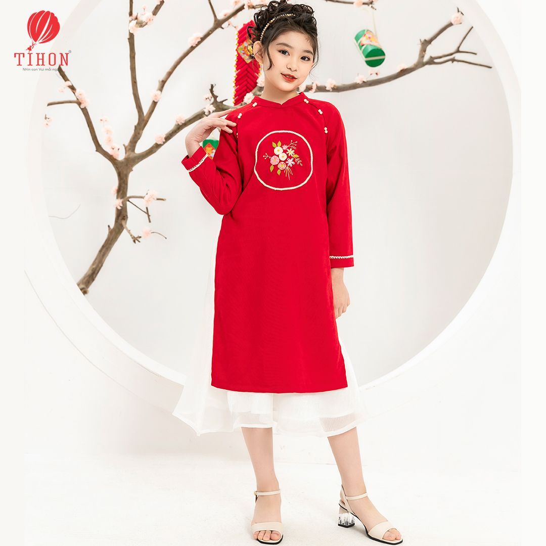 Set áo dài BG nhung thêu, tay ren, đính ngọc trai 706