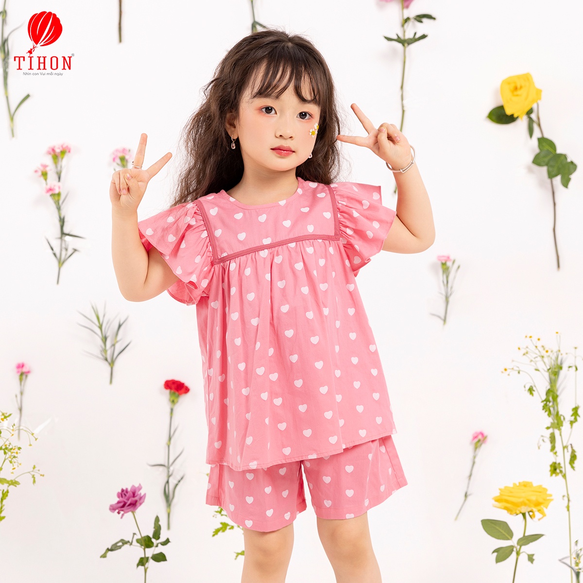 Đồ bộ mặc nhà bé gái ngắn tay trái tim 905