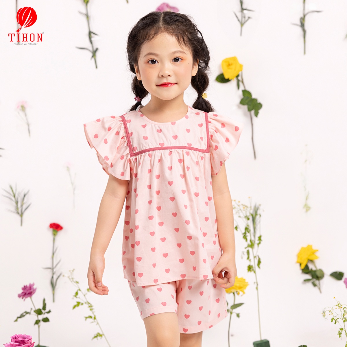 Đồ bộ mặc nhà bé gái ngắn tay trái tim 905