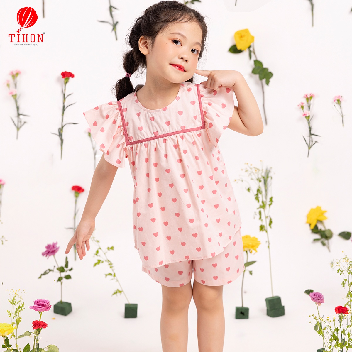 Đồ bộ mặc nhà bé gái ngắn tay trái tim 905