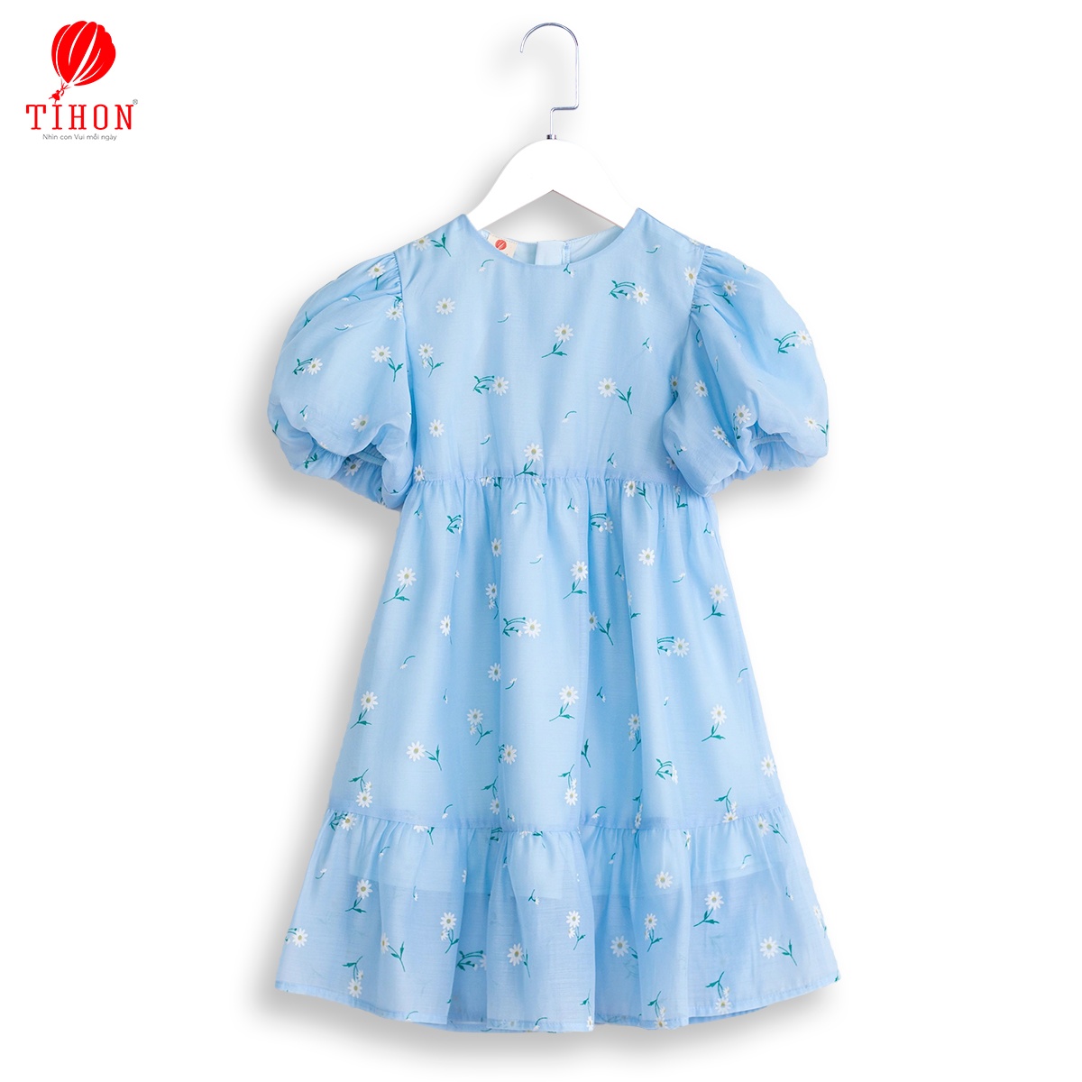 Váy tơ óng tay bồng họa tiết hoa thêu
