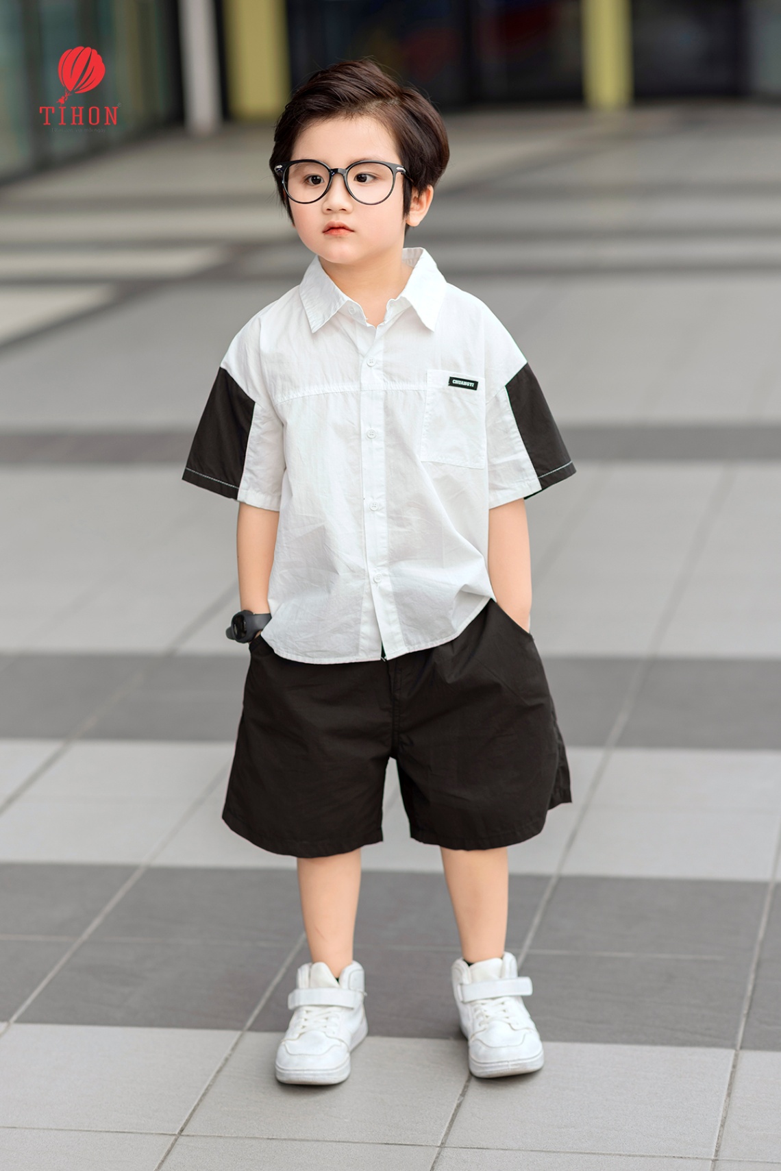 Set bộ sơ mi 1 túi phối tay