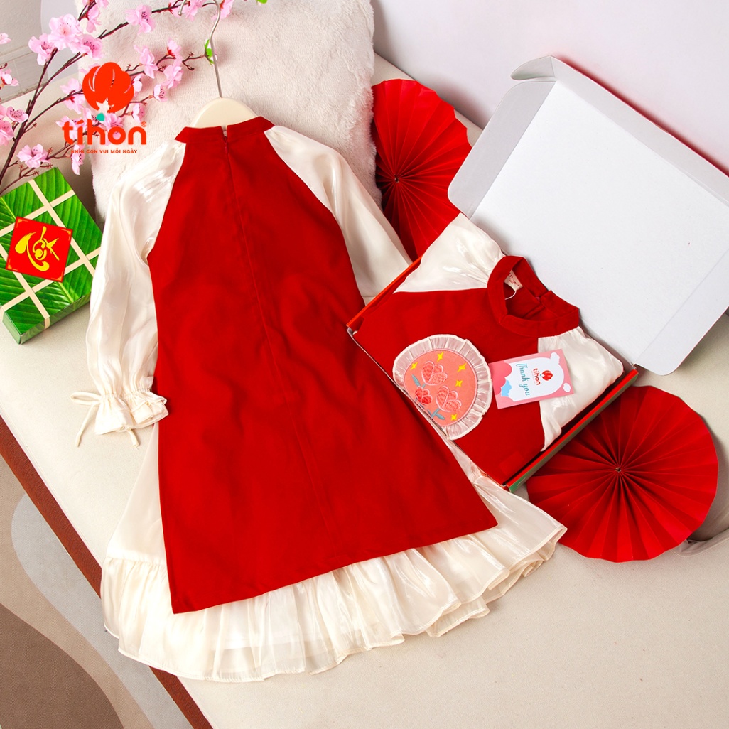 Áo dài bé gái đáp hoa tulip + chân váy 906