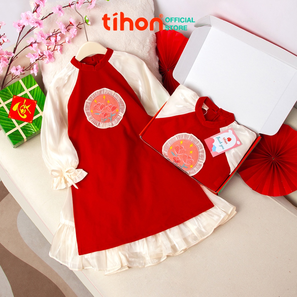 Áo dài bé gái đáp hoa tulip + chân váy 906