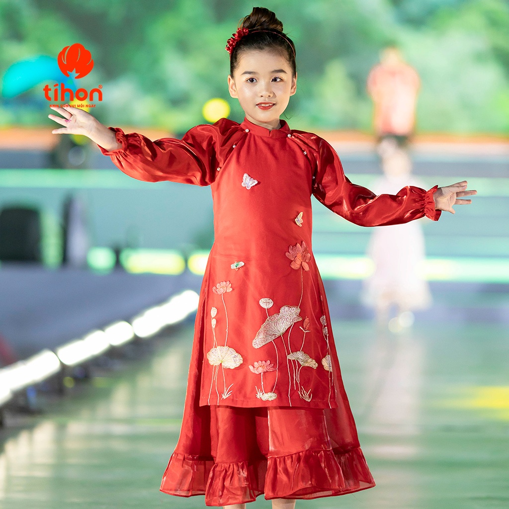 Set AD bé gái tơ óng thêu hoa sen 805