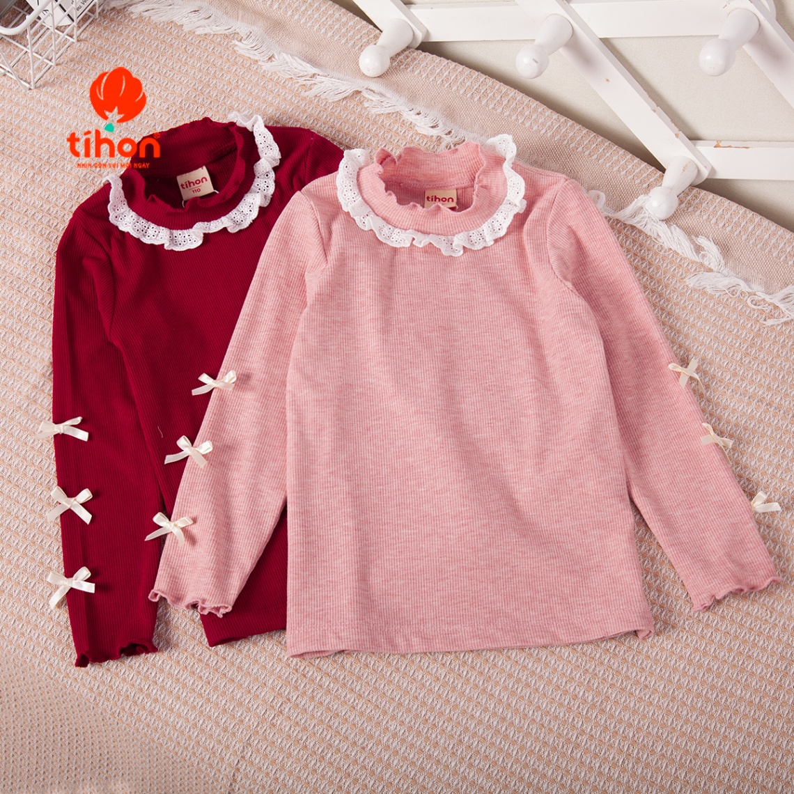 Áo bé gái giữ nhiệt tăm nơ trang trí 106