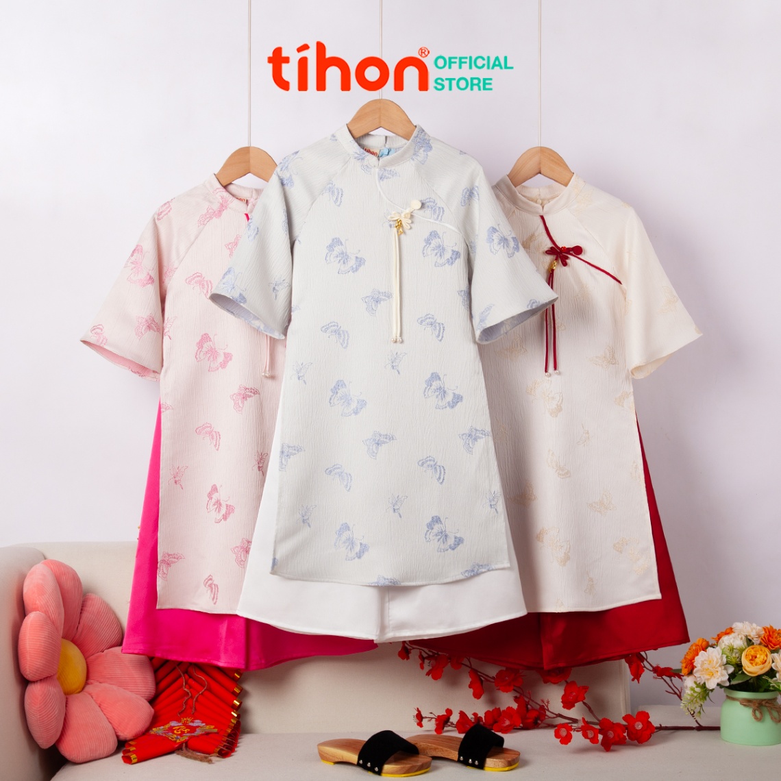 Set bộ áo dài bé gái phối trang trí 906