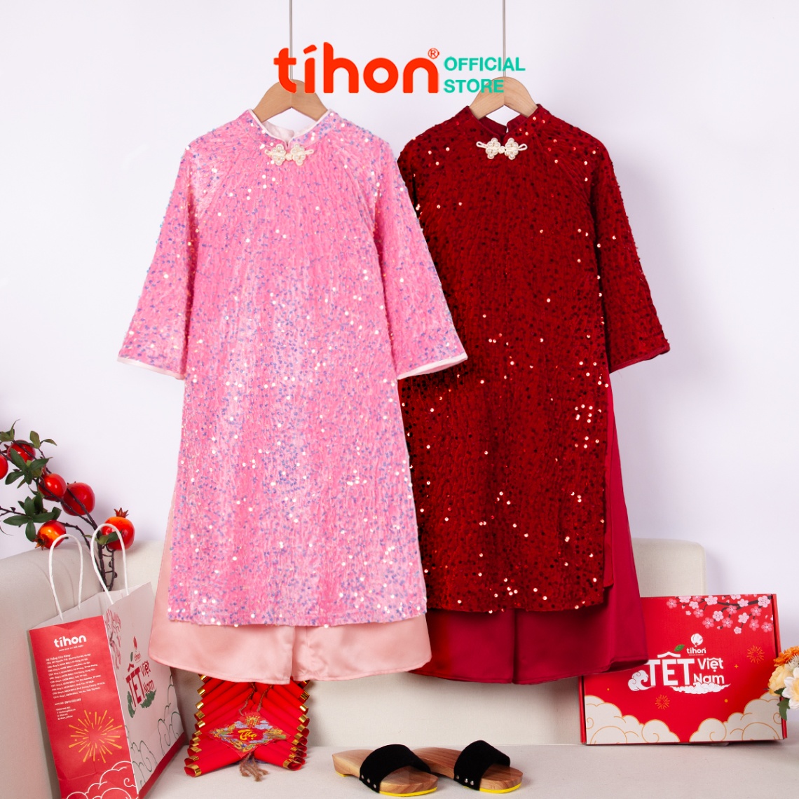 Set bộ áo dài bé gái óng ánh 105