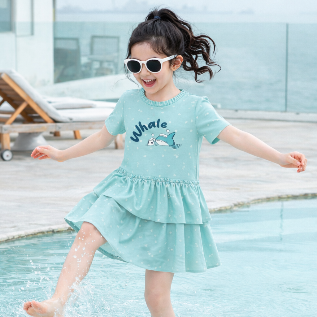Bộ bơi bé gái cộc tay in trang trí 905