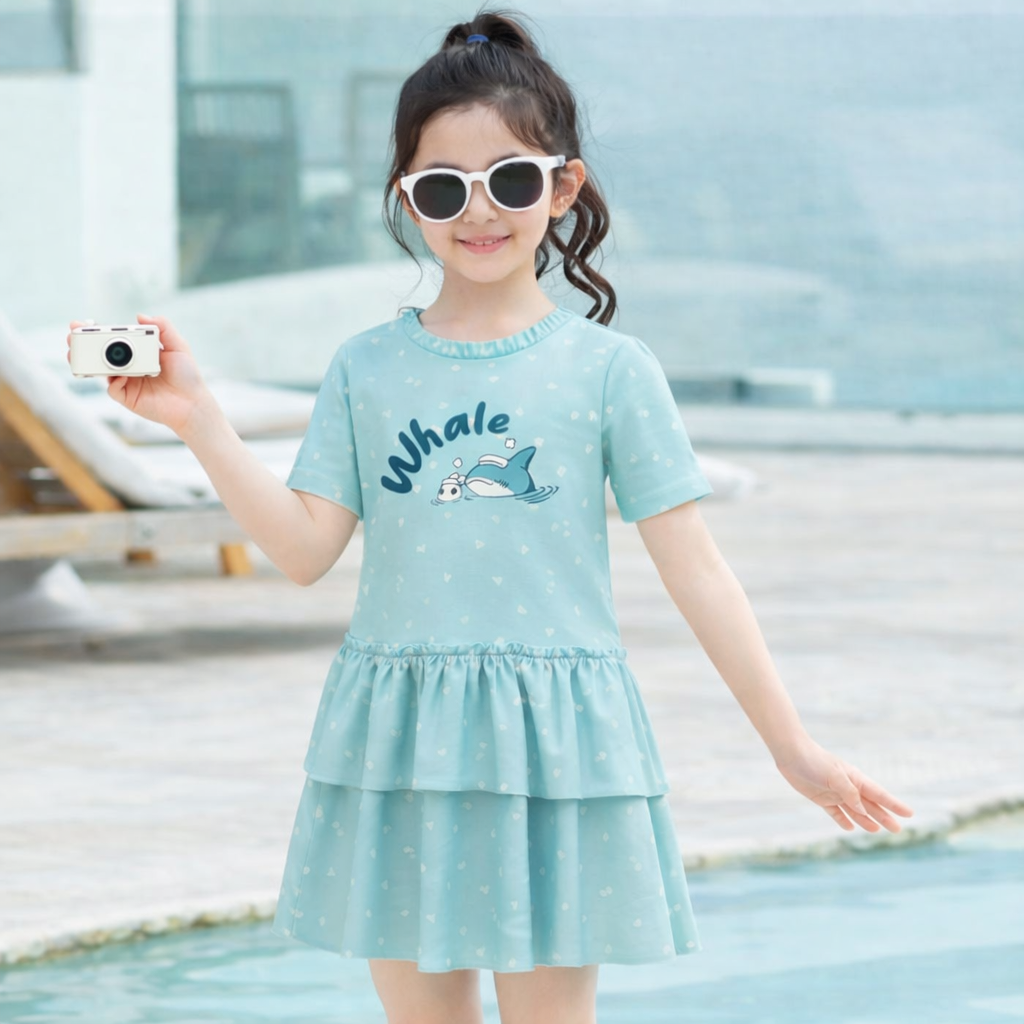 Bộ bơi bé gái cộc tay in trang trí 905