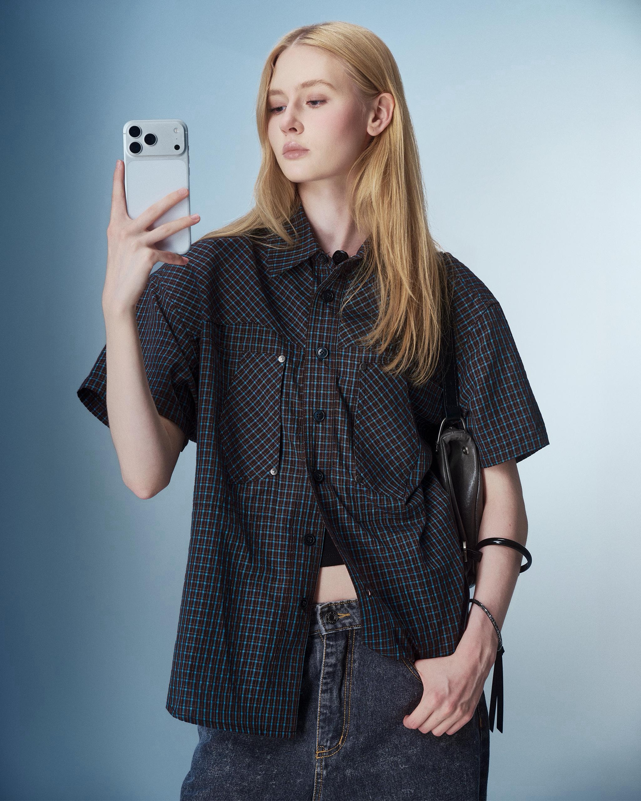 BOX SHIRT ( BROWN MINT MICRO CHECK )