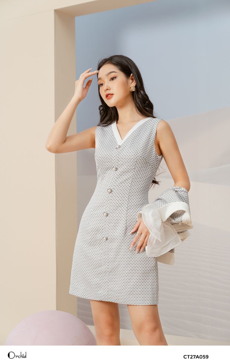 CT27A059 -  Bộ tech kẻ áo khoác và váy