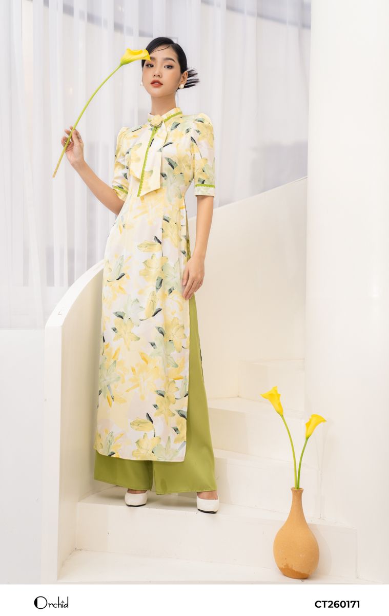 CT26O171 - Aó dài lụa họa tiết xanh