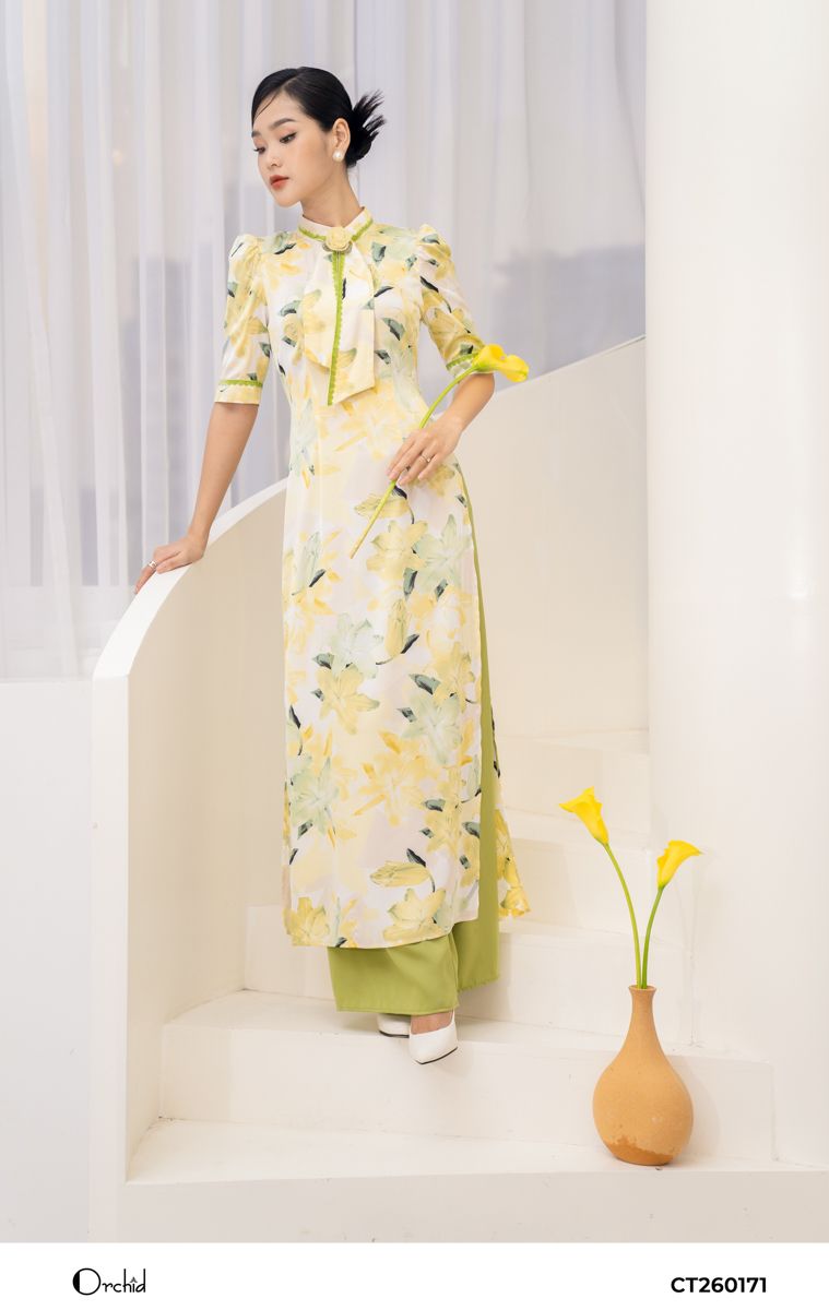 CT26O171 - Aó dài lụa họa tiết xanh