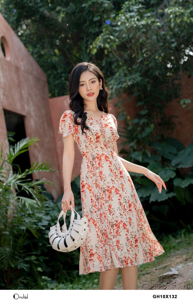 Đầm Nữ Dáng Xòe NK Fashion Họa Tiết Hoa Nổi Phối Nơ Cổ, Chất Voan Hàn