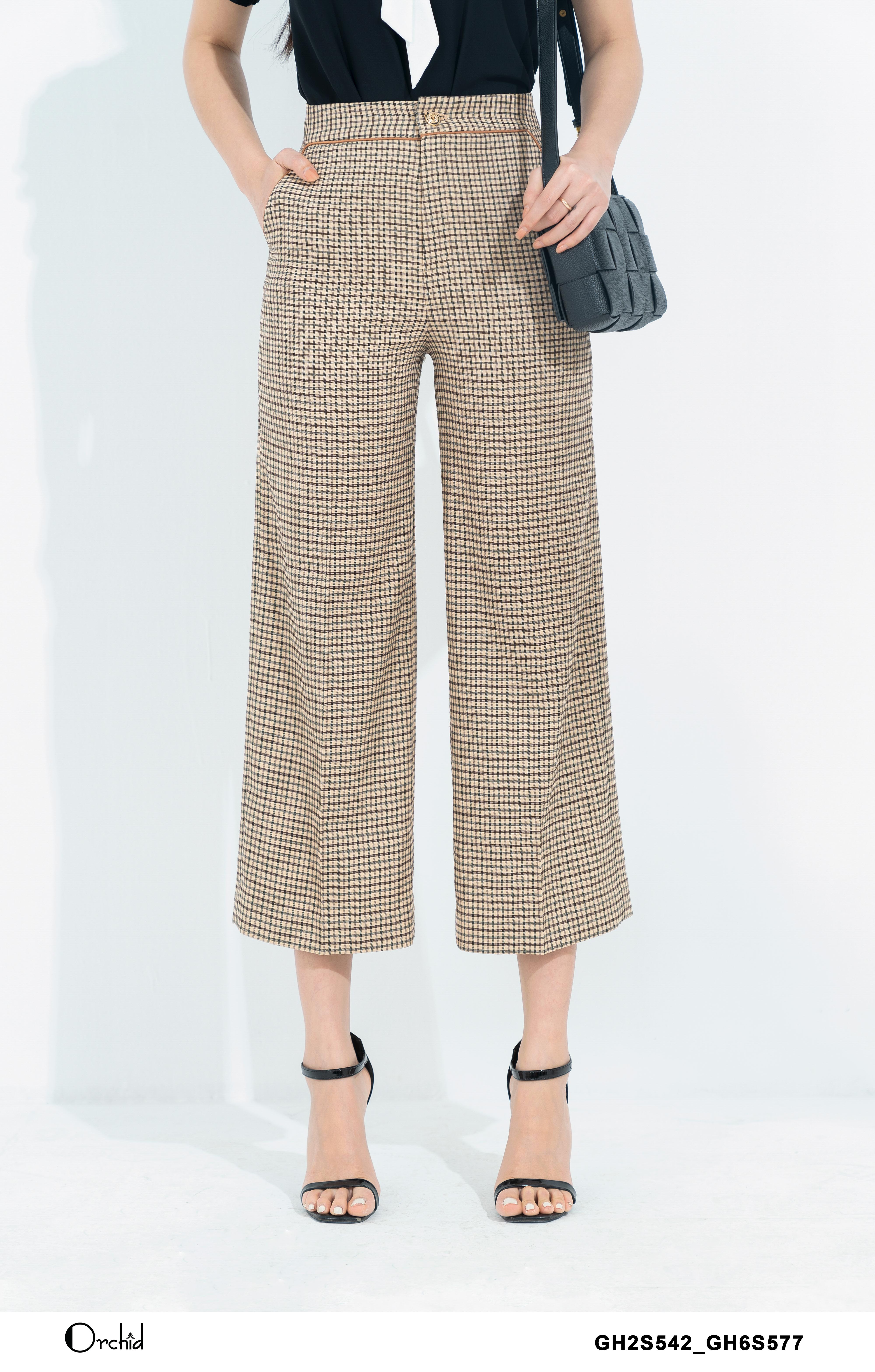 GH6S577 - Quần Twill nâu kẻ caro