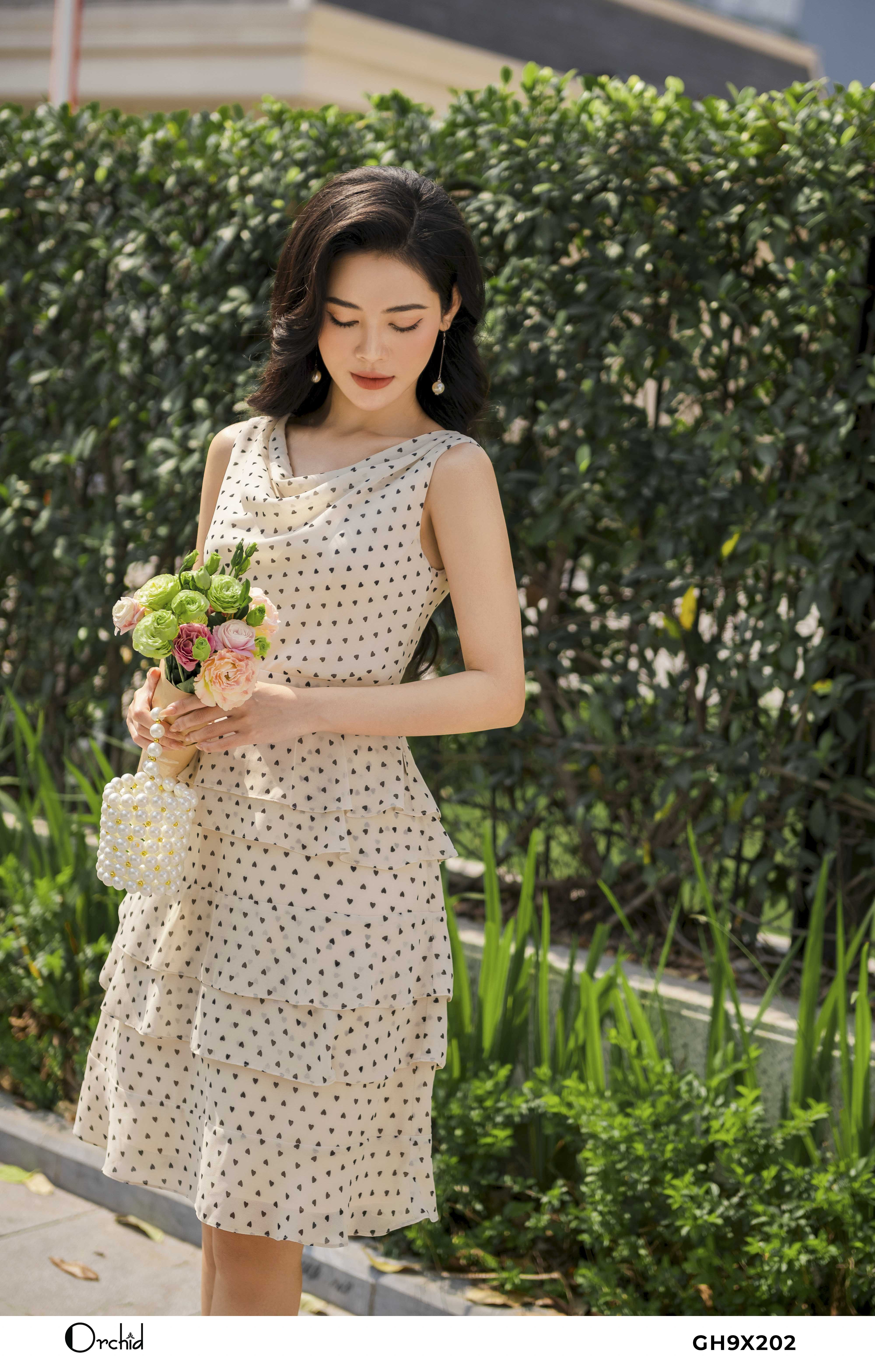 GH9X202- Đầm chiphong họa tiết