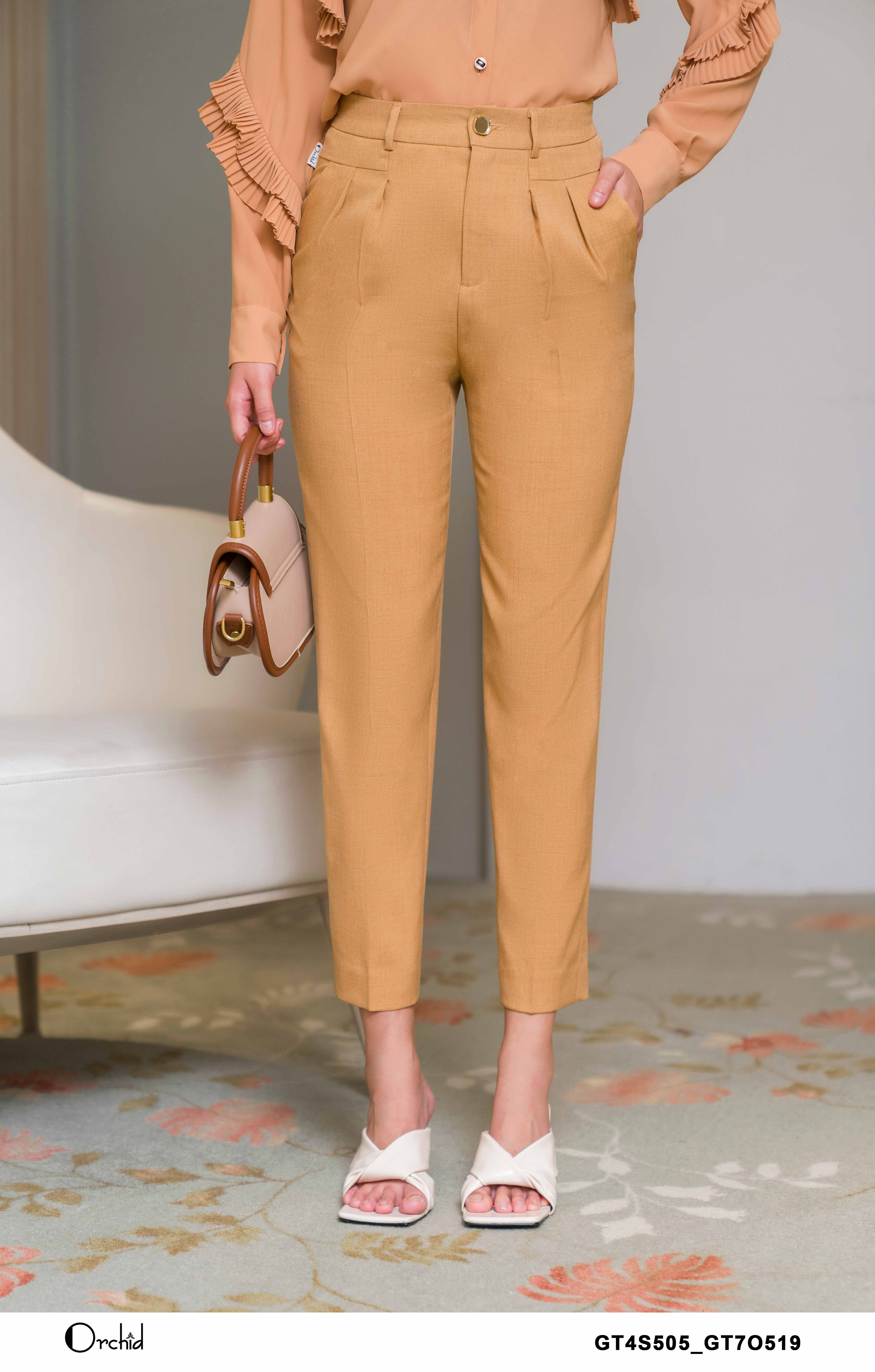 GT7O519 - Quần twill silk màu vàng bò