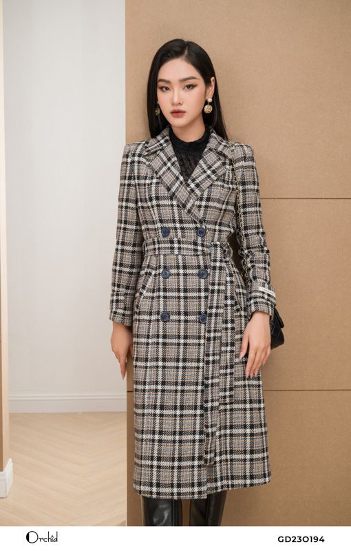 GD23O194 - Áo mangto dạ tweed kẻ nâu đen