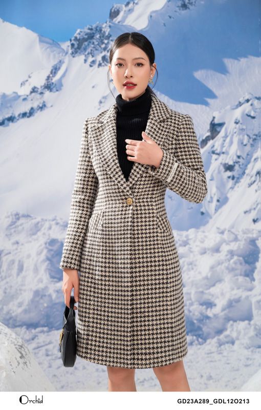 GD23A289 - Áo mangto dạ tweed kẻ nâu, be