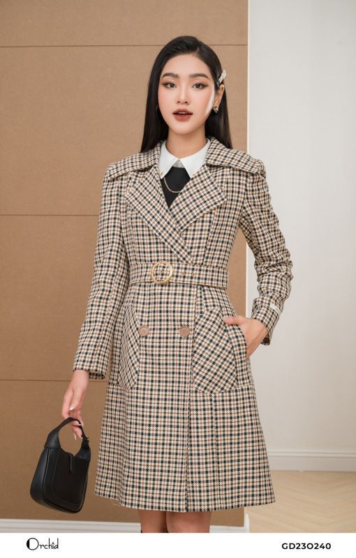 GD23O240 - Áo mangto dạ tweed kẻ