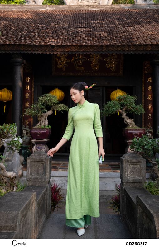 GD26O317 - Sét bộ áo dài lụa Thái Tuấn xanh hoa