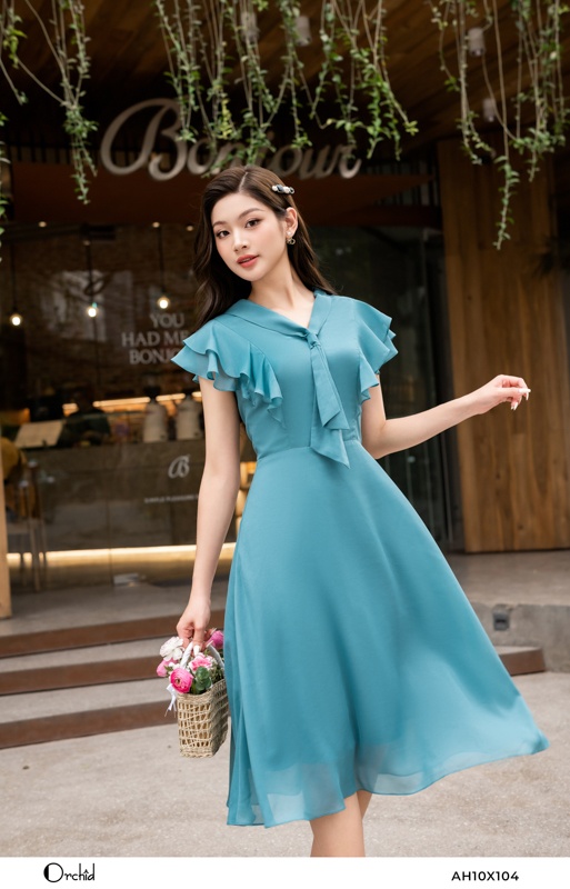 AH10X104 - Đầm tơ xanh