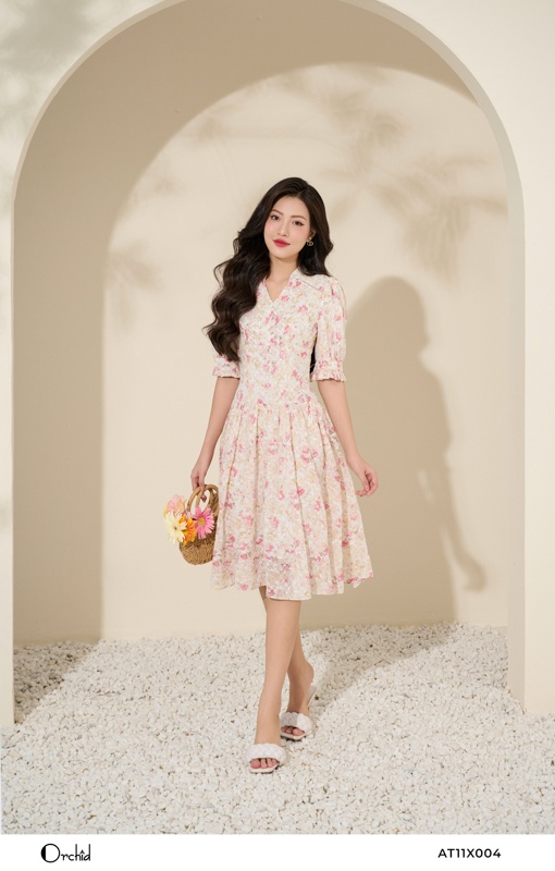 Đầm voan hoa dáng xòe viền bèo KK119-16 | Thời trang công sở K&K Fashion
