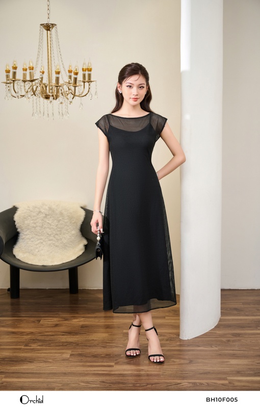 BH10F005 - Đầm 2 chi tiết lưới, cotton