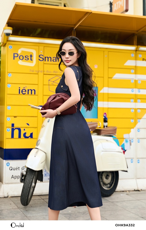 OHK9A332 - Đầm denim chéo hàn