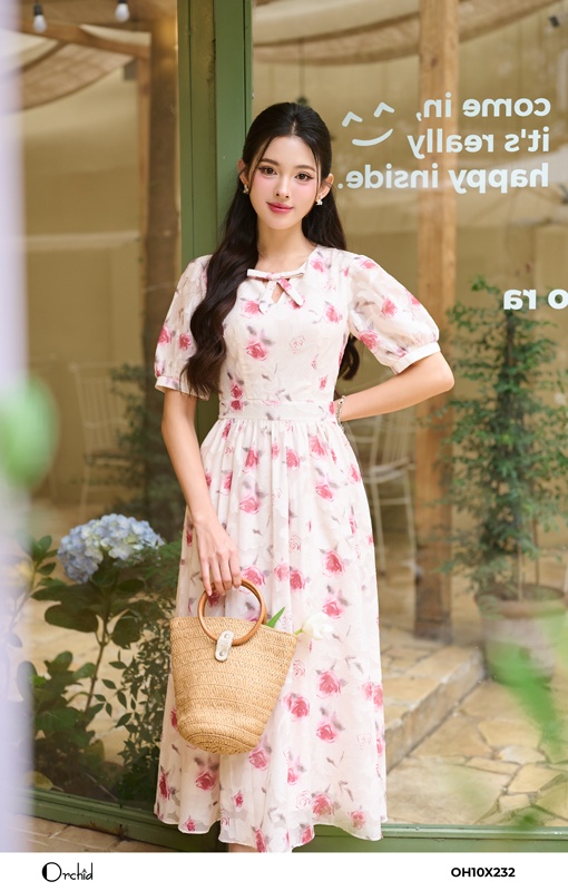 OH10X232 - Đầm tơ thêu hoa hồng