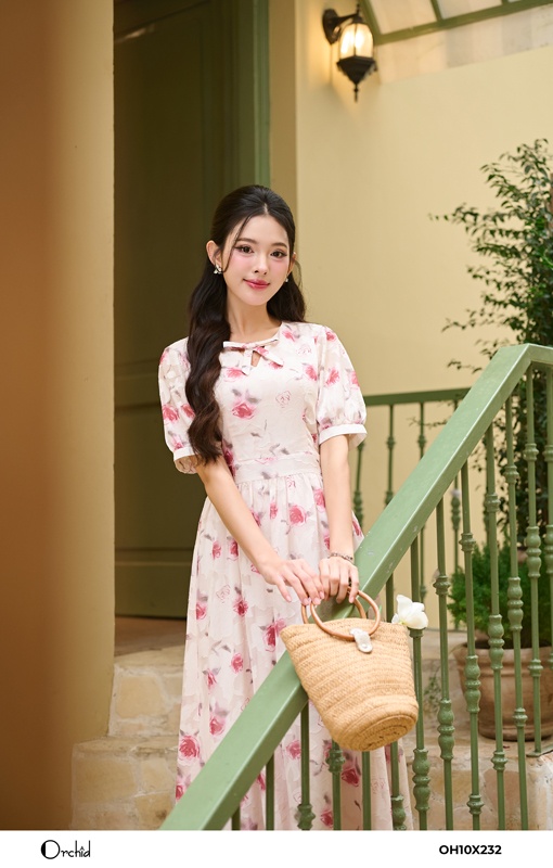 OH10X232 - Đầm tơ thêu hoa hồng