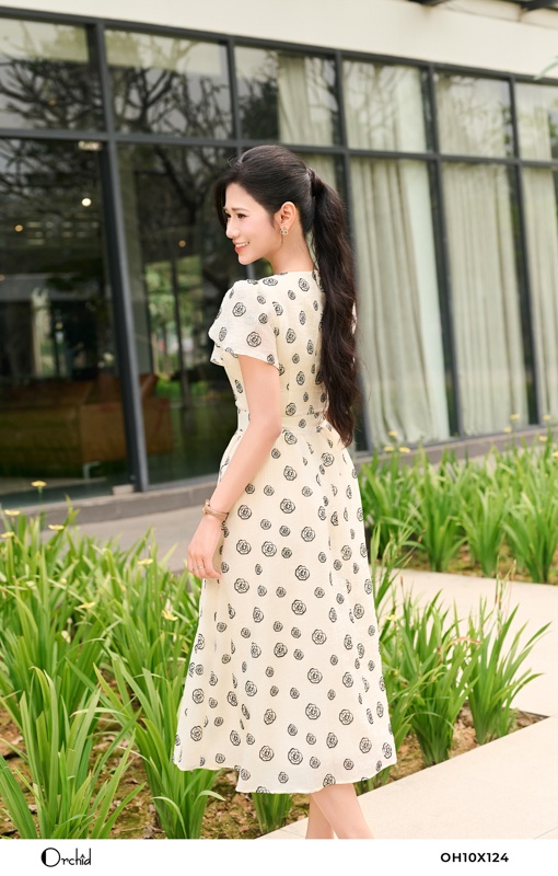 OH10X124- Đầm tơ nhăn họa tiết