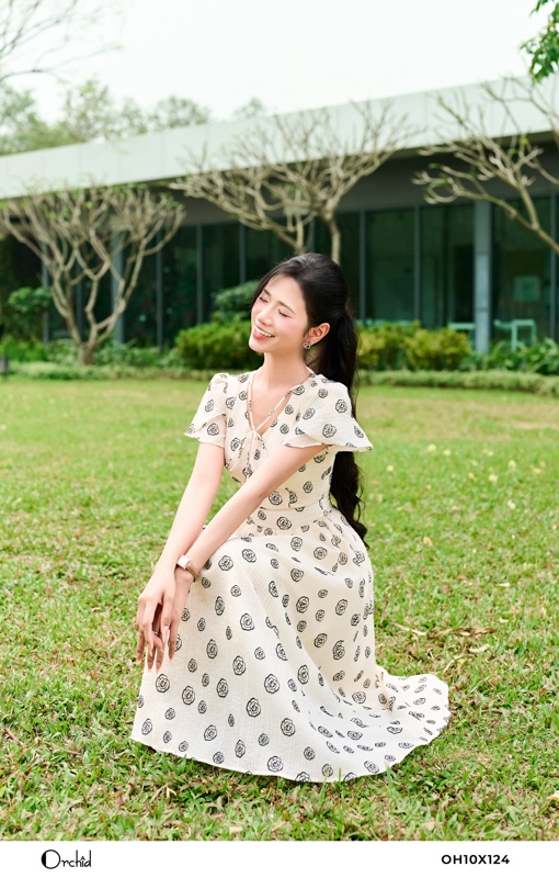 OH10X124- Đầm tơ nhăn họa tiết