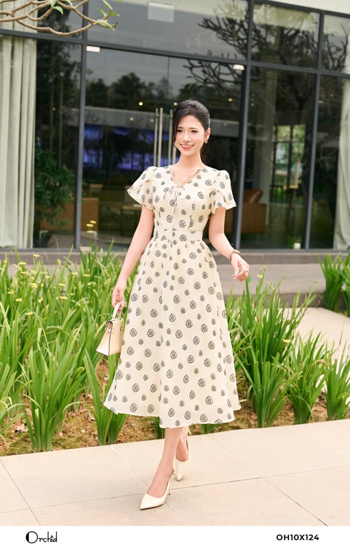 OH10X124- Đầm tơ nhăn họa tiết
