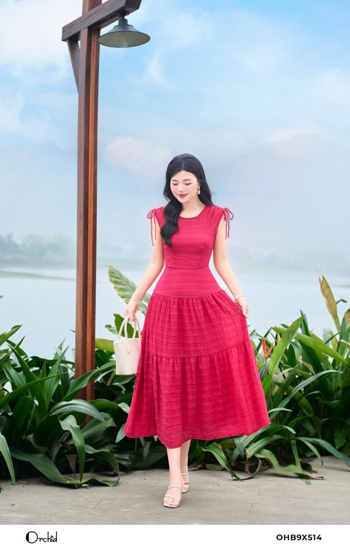 OHB9X514 - Đầm tơ kẻ sọc