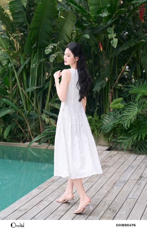 OHB9X476 - Đầm ren xốp kẻ