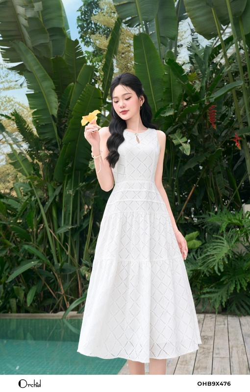 OHB9X476 - Đầm ren xốp kẻ