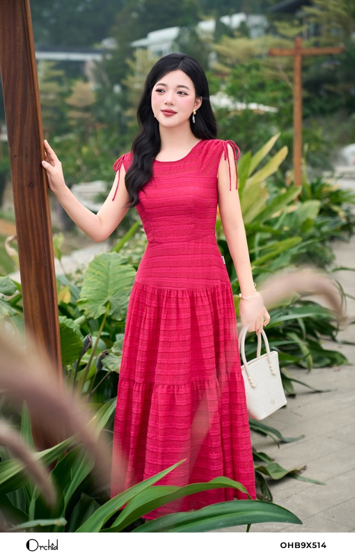OHB9X514 - Đầm tơ kẻ sọc