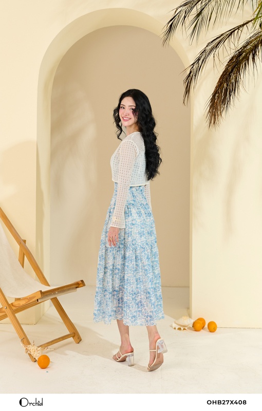 OHB27X408 - Đầm tơ thêu hoa 3D