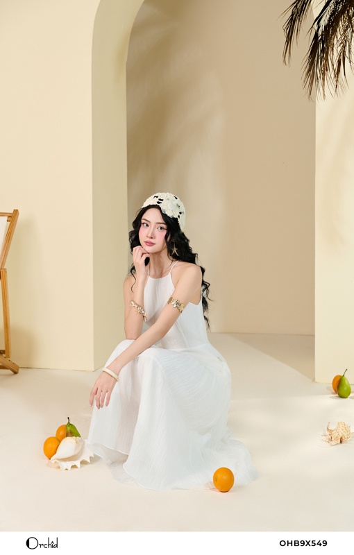 OHB9X549 - Đầm tơ nhăn