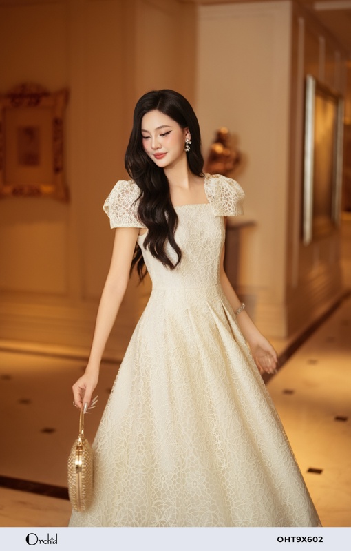 OHT9X602 - Đầm ren lưới thêu hoa 3D