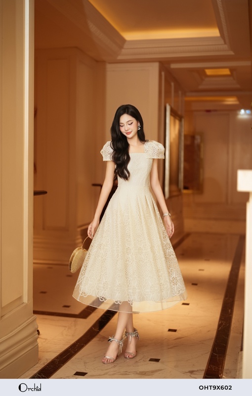 OHT9X602 - Đầm ren lưới thêu hoa 3D