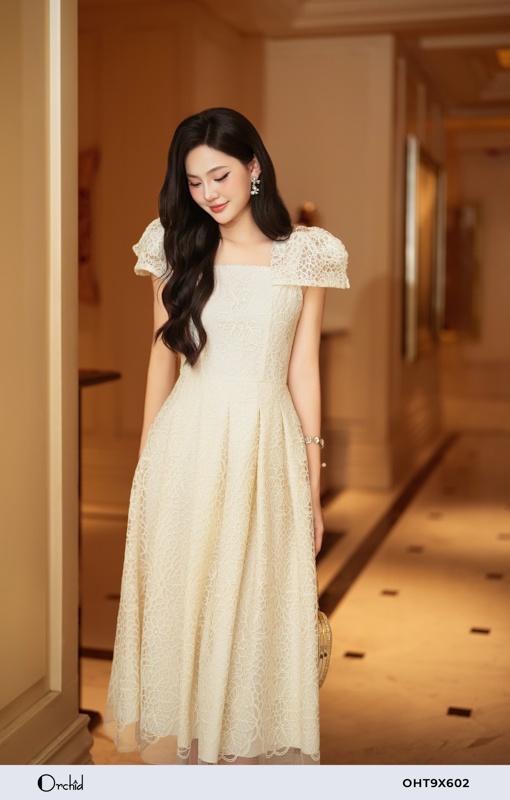 OHT9X602 - Đầm ren lưới thêu hoa 3D