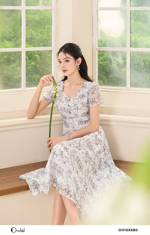 OH10X680 - Đầm tơ hoa lan đơn sắc